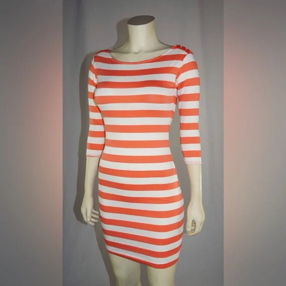 Soprano Coral and White Striped Dress Stretch Comfy Casual Dress 3/4ths Sleeves - Picture 4 of 6